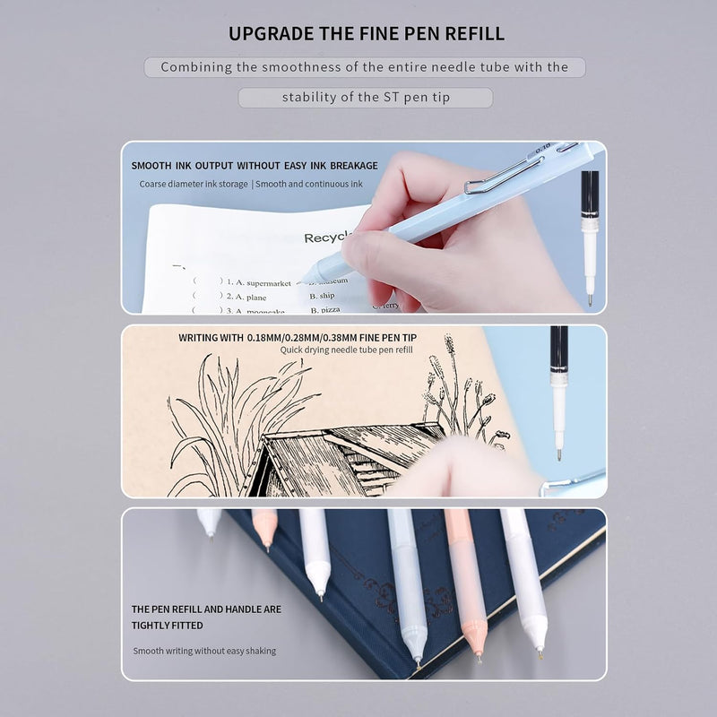 6pcs Gel Pen set, Black Ink Pens 0.18mm /0.28mm / 0.38mm Ultra Fine point Smooth Writing Pens with Silicone Grip, Retractable Cute Pens for Journaling NoteTaking sketching drawing stationery