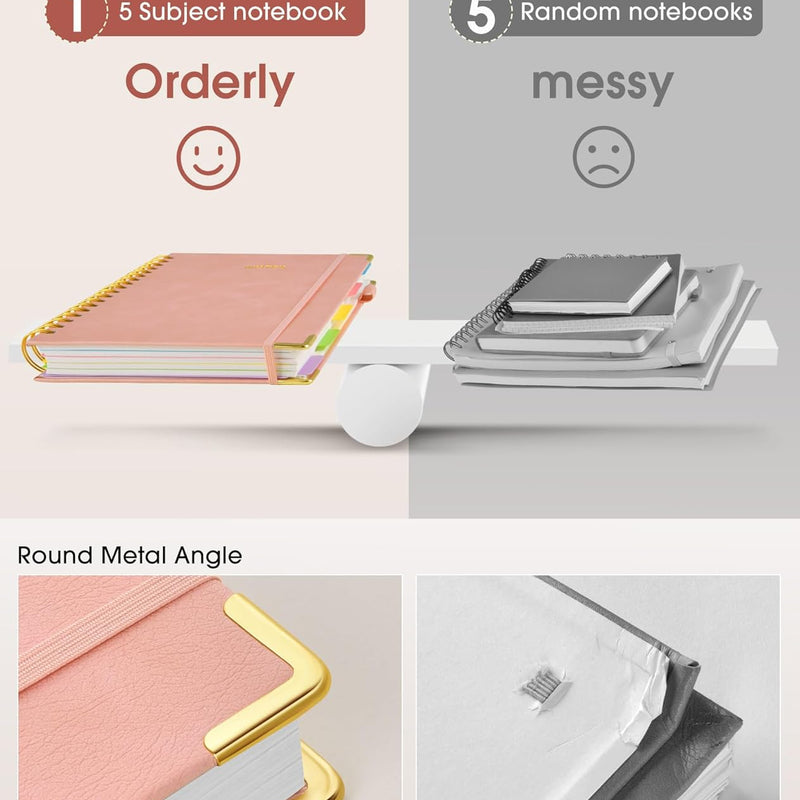 Hardcover Spiral Notebook Journal with Removable Dividers Tabs, 300 Pages Leather 5 Subject Notebook College Ruled, 8"x10" Large B5 Notebooks for Work School Note taking, Lined Journal for Women, Pink
