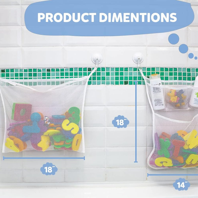 2 x Mesh Bath Toy Organizer + 8 Ultra Strong Hooks - Perfect Bathtub Toy Holder & Bathroom or Shower Caddy for Kids & Toddlers