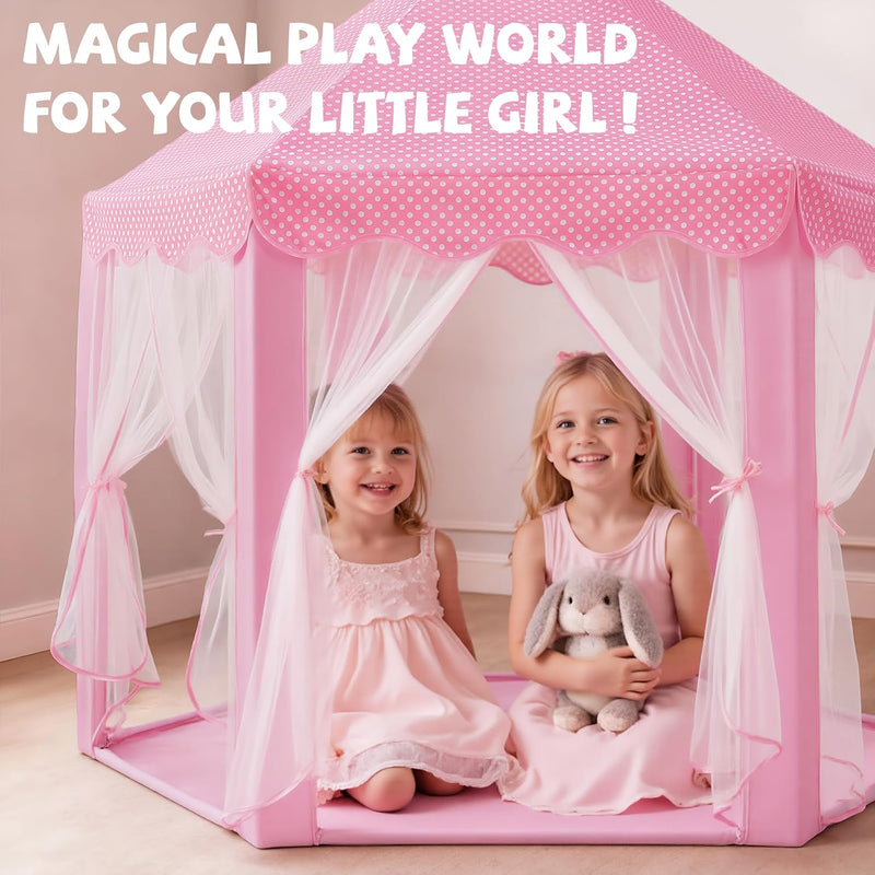 Sumbababy Princess Castle Tent for Girls Fairy Play Tents for Kids Hexagon Playhouse with Fairy Star Lights Toys for Children or Toddlers Indoor or Outdoor Games (Pink)