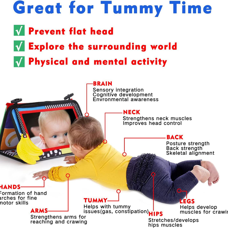 Tummy Time Baby Mirror & Soft Book: Newborn Brain Development, Teething Toy, High Contrast Patterns