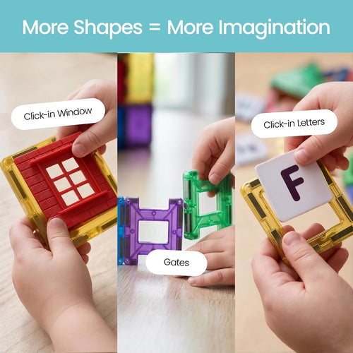 Playmags 100-Piece Magnetic Tiles for Kids, STEM Building Blocks Set with Click-in ABC Learning Tiles and Magnetic Figures