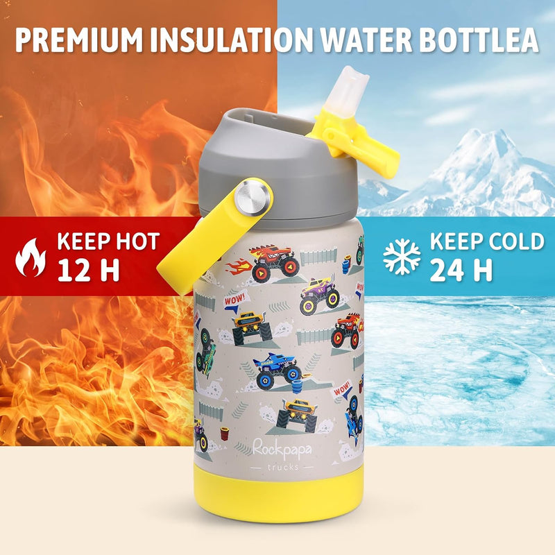 rockpapa 14 oz Kids Insulated Water Bottle，Stainless Steel Toddler Cups with Straws, BPA Free, Leak-Proof, Kids Water Bottle for School Boys& Girls (Grey Trucks)