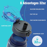 Sahara Sailor Water Bottle 32oz, Tritan Sports Bottle with Time Marker | Bpa Free, Leakproof Wide Mouth With Fast Flow Lid And Cleaning Brush, For Gym School Office Travel, 1 Count