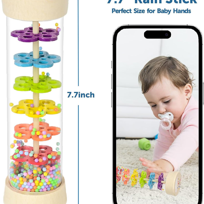 Montessori rain stick for 6-12 months, 1 year old baby rattle toy with 7.7 inch wooden rainmaker