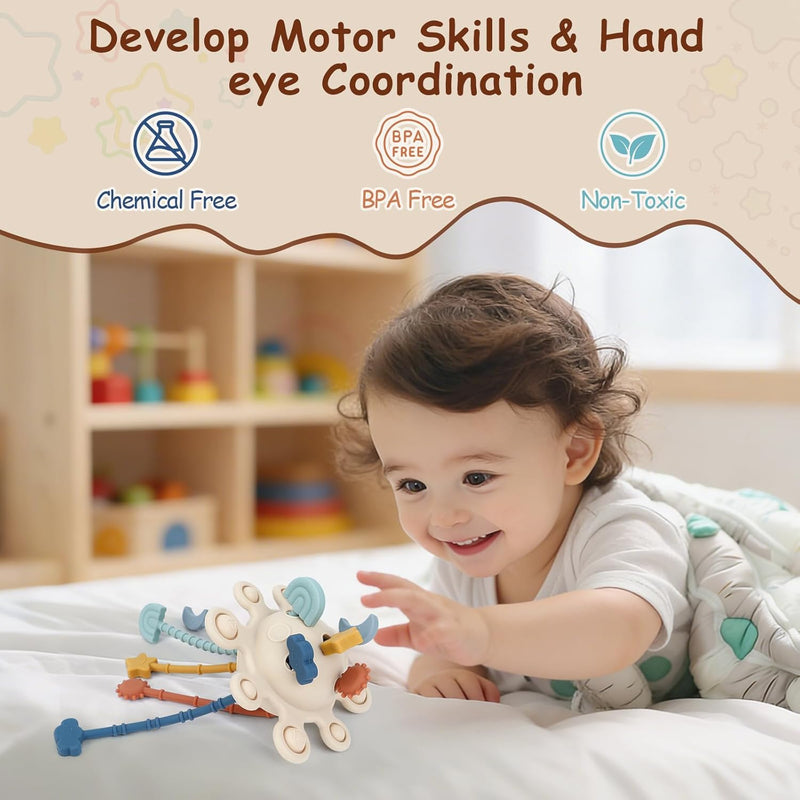 TYRY.HU Silicone Baby Sensory Montessori Toys,Silicone Pull String Fidget Toys for Babies 18 Months+, Travel Toy for Plane, Car, and Stroller, Early Educational Fine Motor Skills Toy for Toddlers
