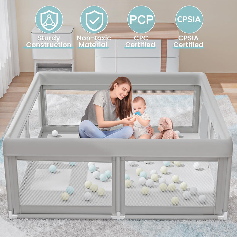 Hiaksedt Baby Playpen 50x50 Inch, Play Pens for Babies and Toddlers | Baby Fence for Indoor & Outdoor, Sturdy Safety Play Yard with Soft Breathable Mesh, Anti-Fall, Grey