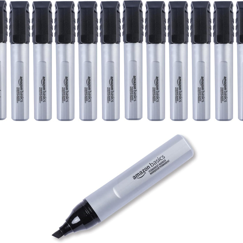 Amazon Basics Large Chisel Tip Permanent Markers, Quick Drying, Fade Resistant, Black, 12-Pack
