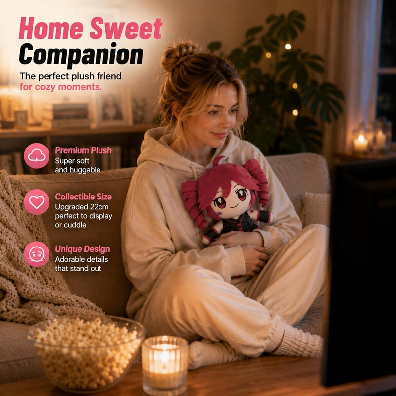 Collectible Pink Drill Twin Tail Girl Plush 22cm, Cute Anime Plush Character with 3D Twin-Drill Hair, Red and Black Outfit Figure Stuffed, Soft Anime Plushie Pillow Gift for Fans & Collectors