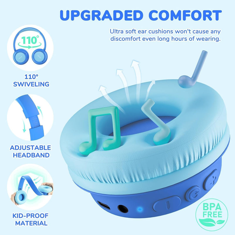iClever BTH22 Kids Bluetooth Headphones for Toddler Travel, 60H Play Time | SafeSound Tech3.0, Stereo Sound, USB C Fast Charging, AUX Cable, Kids Wireless Headphones for Girls/Boys/Tablet/PC/School