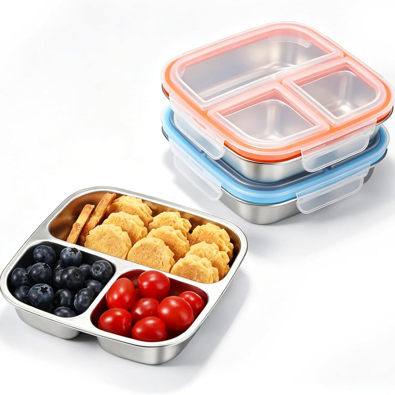 Stainless Steel Snack Containers, 3 Compartments Reusable on and go Bento Box with Lids for Kids, Lunch Box Pre Meal Storage for Daycare School Outdoor Camping Travel - Blue
