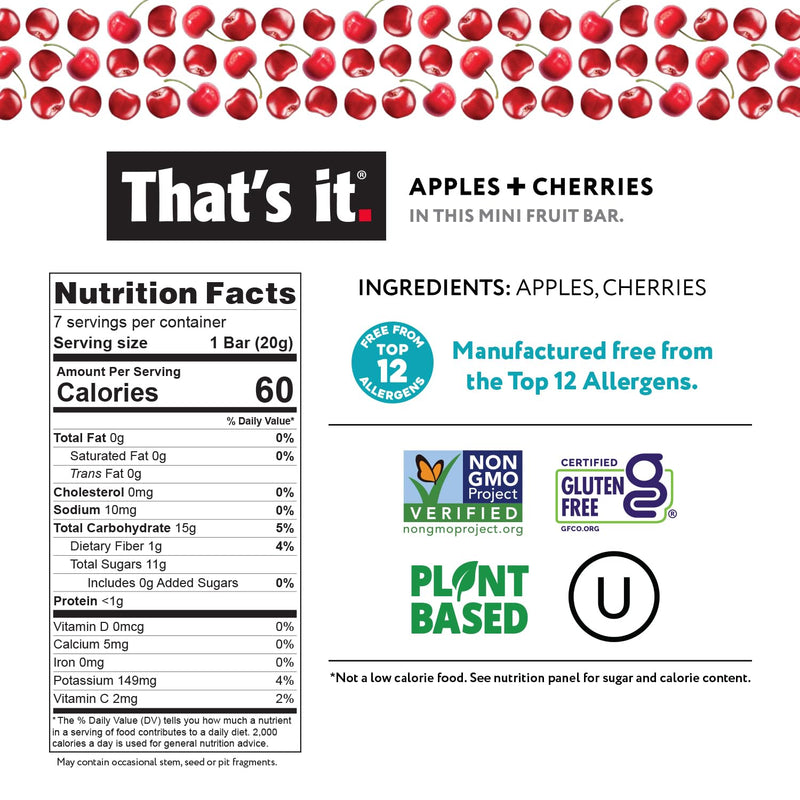 That's it. Mini Fruit Bars (Variety 35 Pack) No Sugar Plant-Based, Vegan & Gluten Free, Breakfast Bar, Paleo, for Children, Non GMO, Fiber (7 Blueberry, 7 Cherry, 7 Fig, 7 Mango, 7 Strawberry)