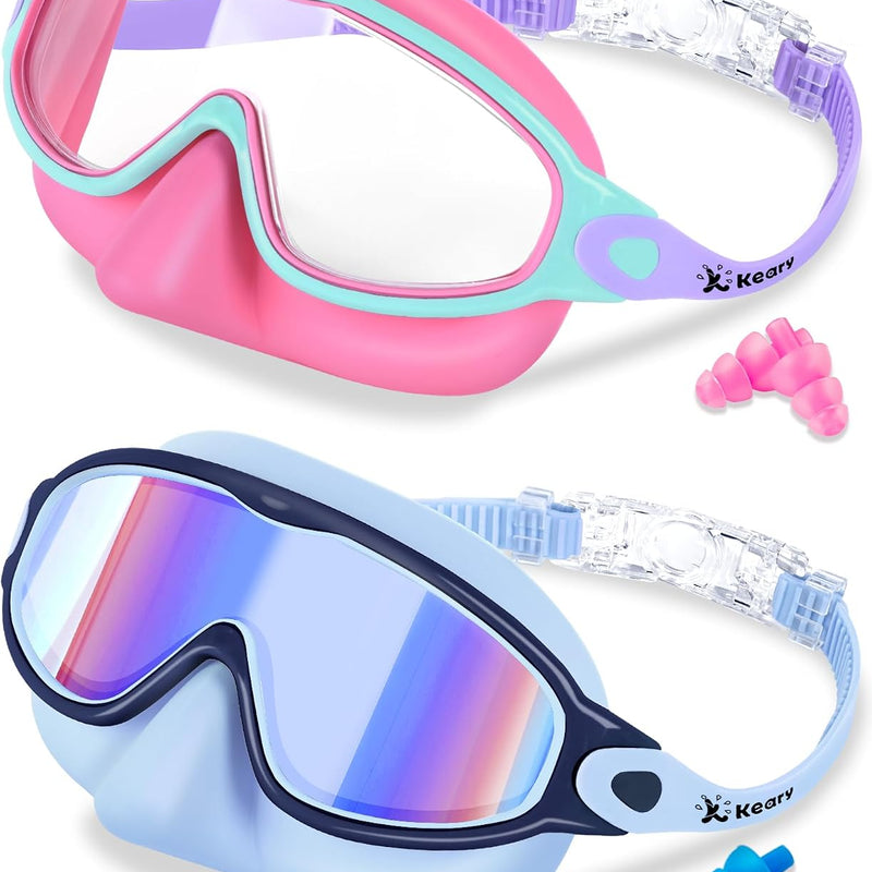 Keary 2 Pack Kids Swim Goggles with Nose Cover for 3-12 Anti-UV Anti-Fog Pool Water Swimming Goggles Boys Girls Youth Toddler