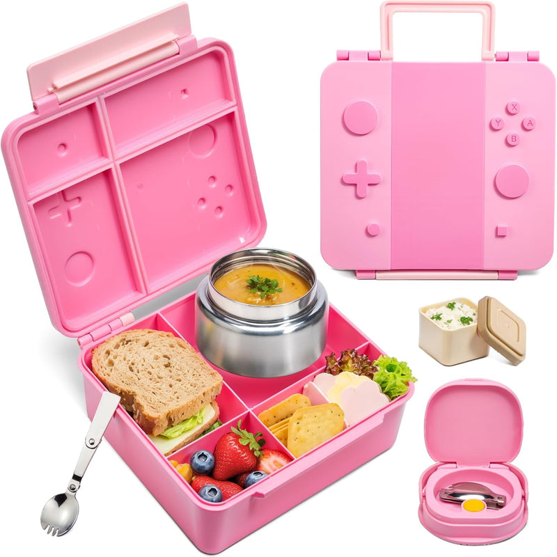 Game Bento Box for Kids, Lunch Box with Thermo(9oz Food Jar), Folding Spoon, Removable Divider & Sauce Cup, Lunch Box Kids for School,Travel, BPA-Free & Realistic Shape(Blue-Red)