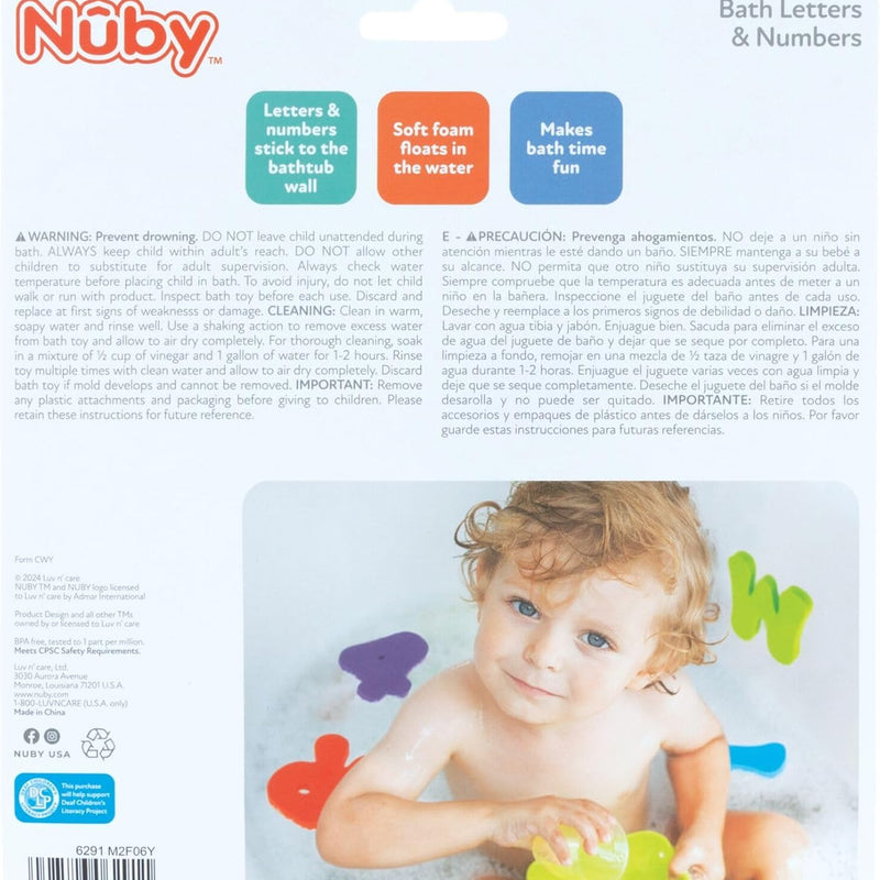 nuby foam bath letters and numbers set for toddlers 3+ years, 36 pieces