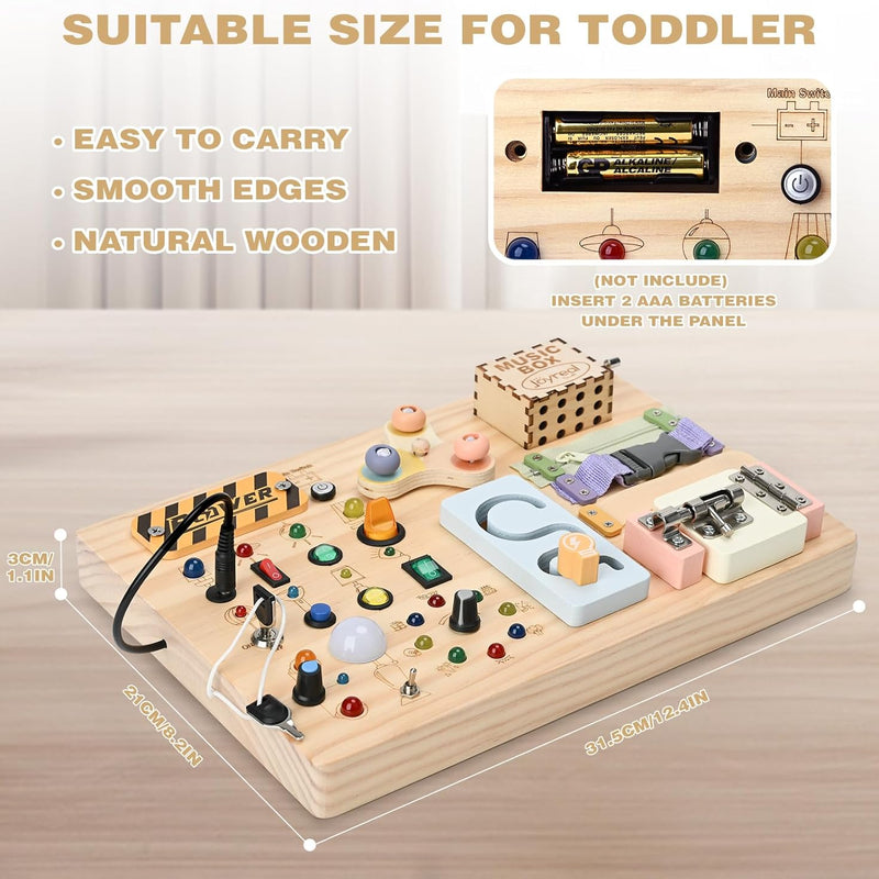 joyreal wooden montessori toys for toddlers sensory activity board with led lights music box locks