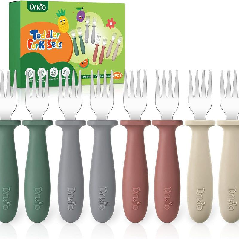 8 Pcs Toddler Forks Set Baby Forks with Silicone Handle | Kids Utensils Anti-Choke Design for Children's Safe Self-Feeding, Food-Grade Stainless Steel, Dishwasher Safe, BPA-Free