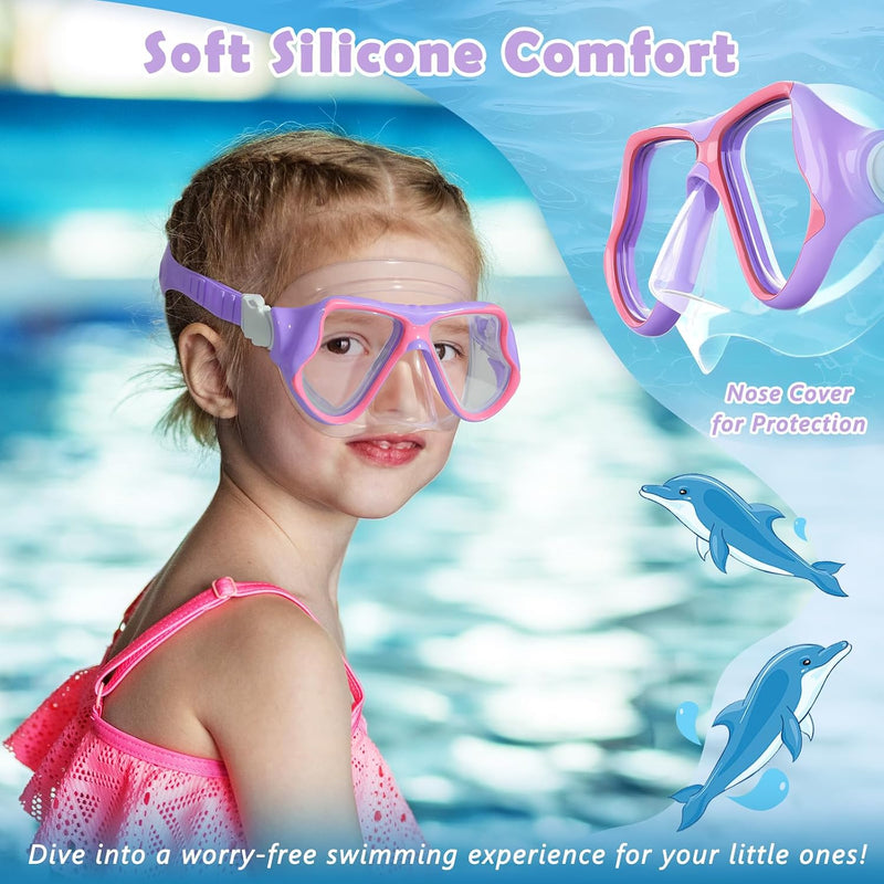 Freela 2 Pack Kids Swim Goggles Mask for Boys Girls 3-14, Tempered Glass Lens 180° HD View with Nose Cover for Pool Beach