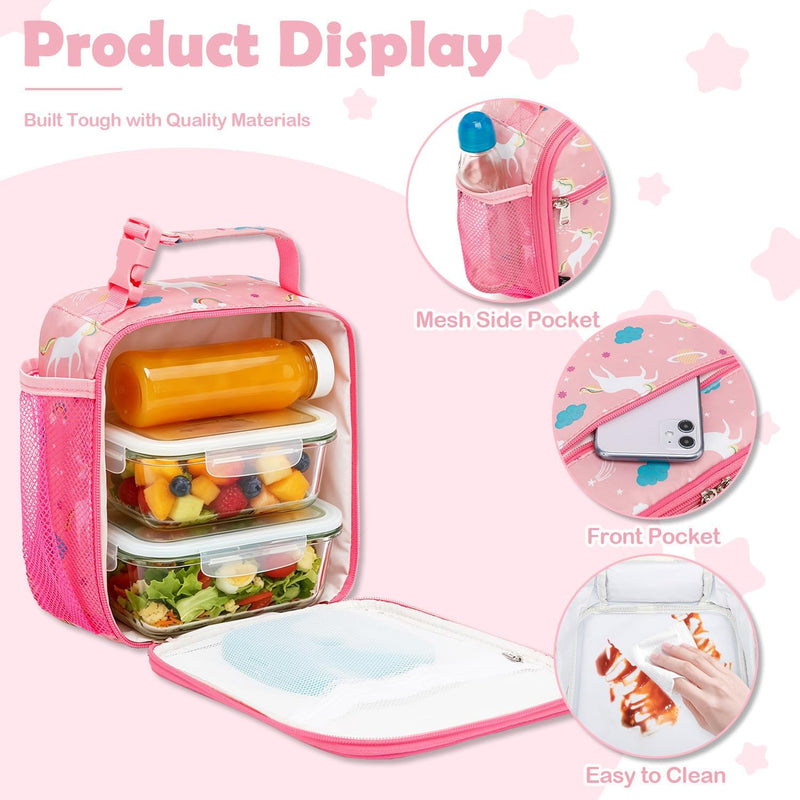 FlowFly Kids Lunch box Insulated Soft Bag Mini Cooler Back to School Thermal Meal Tote Kit for Girls, Boys, Unicorn