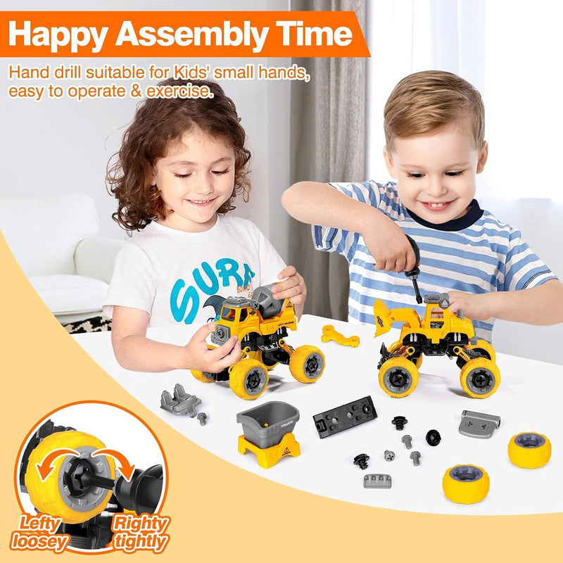 LUDILO Toys for 3 4 5 Year Old Boy Birthday Gift: 4PCS Take Apart Construction Truck Excavator Toy with Electric Drill, Kids Building Stem Learning Toy Gifts for 3 4 5 6 Year Old Boys Toys Age 4-6 3-5