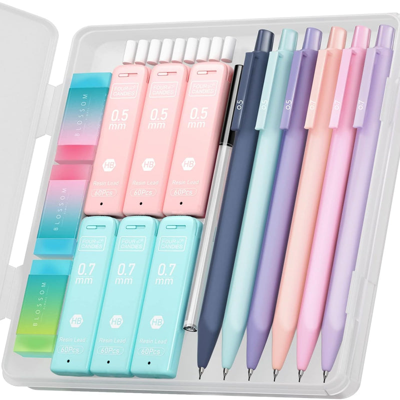 Four Candies Cute Mechanical Pencil Set, 6PCS Pastel Mechanical Pencils 0.5 & 0.7mm with 360PCS HB Leads, 3PCS Erasers and 9PCS Eraser Refills, Aesthetic School Supplies for Girls Writing