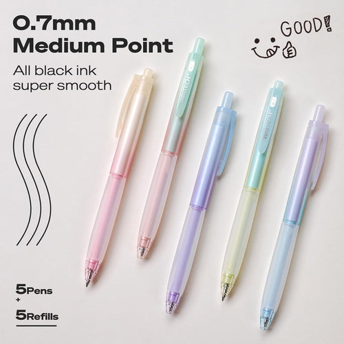 WRITECH Retractable Gel Ink Pens: 0.7mm Fine Point Black-Ink Aesthetic Gradient Color Barrel Soft Grip Medium Point Pen 5ct with 5 Refills for Journaling Smooth Writing Quick-dry No Bleed