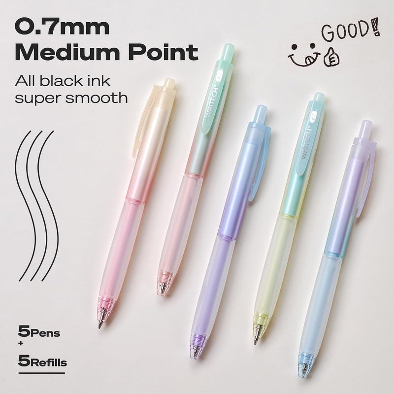 WRITECH Retractable Gel Ink Pens: 0.7mm Fine Point Black-Ink Aesthetic Gradient Color Barrel Soft Grip Medium Point Pen 5ct with 5 Refills for Journaling Smooth Writing Quick-dry No Bleed