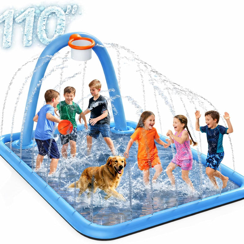Splash Pad for Kids & Dogs, Large Sprinkler Pad Water Toys with Basketball Hoop, Thickened Non-Slip Splash Mat, Foldable Play Pool & Outdoor Summer Toys Ages 4-12 (102" Splash Pad)