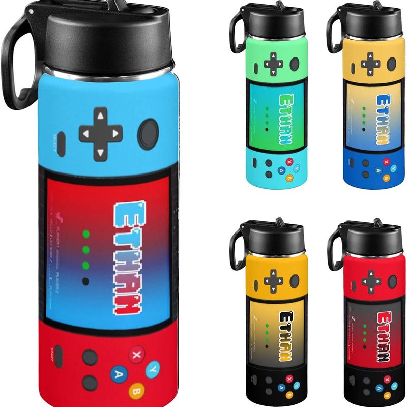 Personalized Game Water Bottle for Boys, 18oz | Customized Kids Insulated Bottle with Name for Kids for School, Stainless Steel Thermo with Straw
