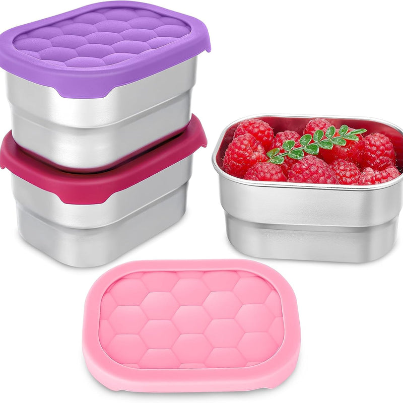 Gencywe® 3 Pack Stainless Steel Snack Containers for Kids, 8 oz Easy Open Leak Proof Small Toddler Snack Containers with Silicone Lids, Stackable Metal Lunch Box for Daycare and School (Blue)