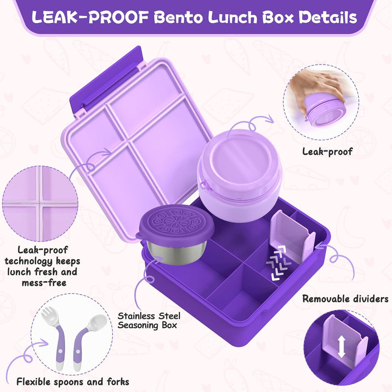 Aimsnk Lunch Box Kids, Bento Lunch Box for Kids with Thermo 8oz Food Jar, Leak Proof Hot Lunch Containers with 4 Compartment, Bento Box for Kid Toddler Insulated Lunch Bags for School (Purple)