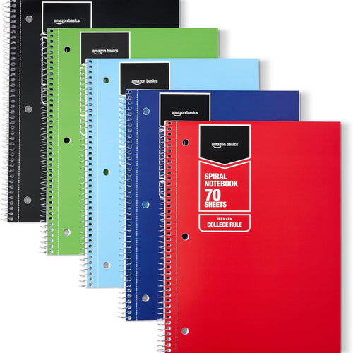 Amazon Basics College Ruled Spiral Notebook, For Work and School, 70 Sheets, 8" x 10.5", Assorted Solid Colors, 5 pack