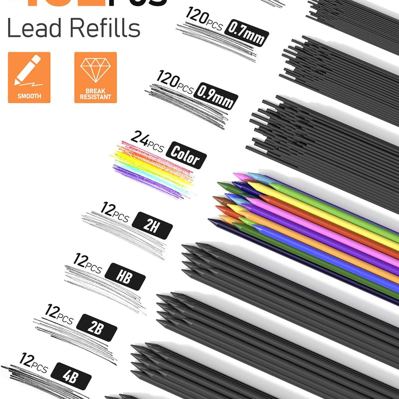 Four Candies 25PCS Mechanical Pencil Set with Case, Art Supplies with Metal Pencil 0.5, 0.7, 0.9 mm & 3PCS 2mm (HB 2H 2B 4B Color) & 432 Graphite Lead Refills, Technical Drawing Kit for Teen & Adults