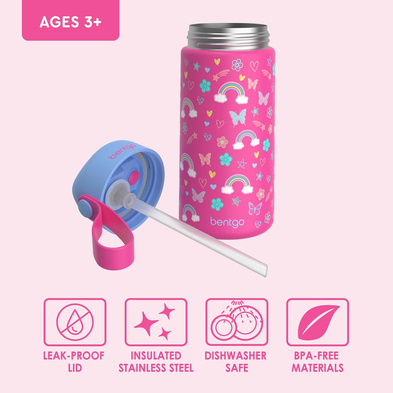 Bentgo Kids Stainless Steel Water Bottle, Leak-Proof, 14 oz, Bite & Sip | Vacuum Insulated, 18/8 Stainless Steel, 12-Hour Cold, Dishwasher Safe, BPA-Free (Rainbows & Butterflies)