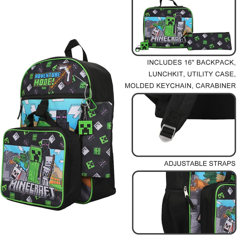 BIOWORLD Unisex Minecraft Adventure Mode 5-Piece Backpack set (Little Kid/Big Kid), Green, One size