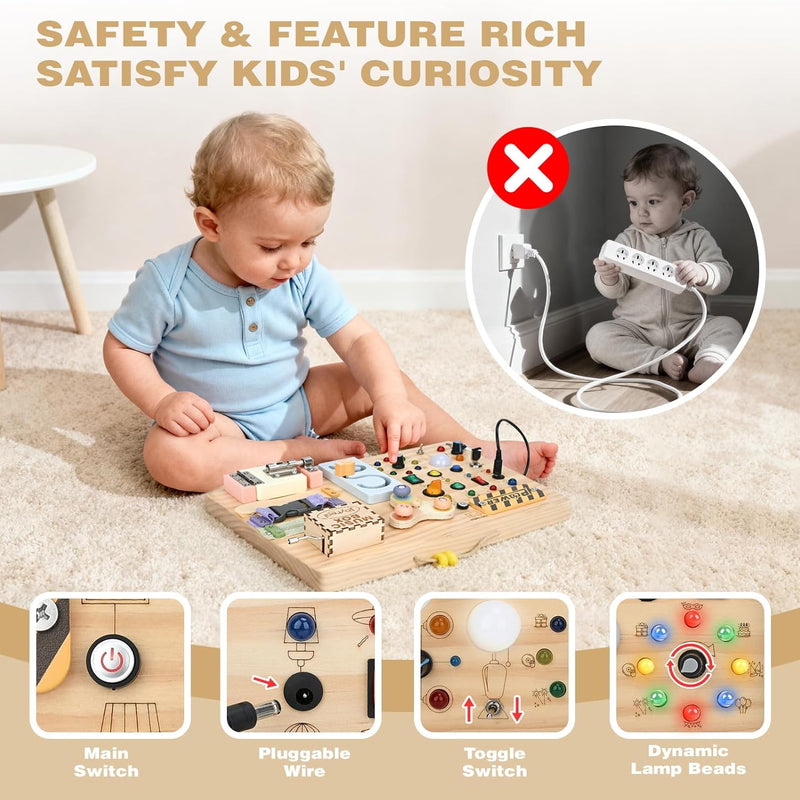 joyreal wooden montessori toys for toddlers sensory activity board with led lights music box locks