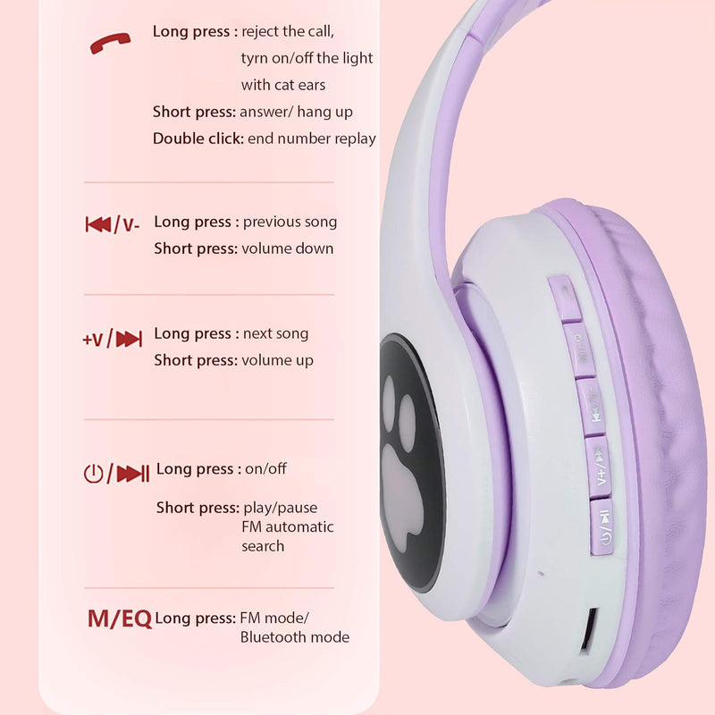 TCJJ Cat Ear Kids Bluetooth Headphones, LED, 85dB Volume Limit | Bluetooth 6.0 wireless headset with mic, stereo sound, foldable, 3.5mm wired mode for girls, school, tablet, travel