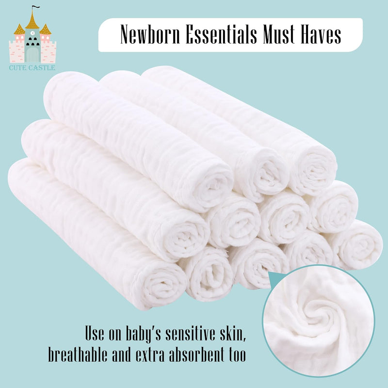 Cute Castle 12 Pack Muslin Burp Cloths for Baby - Ultra-Soft 100% Cotton Baby Washcloths - Large 20'' by 10'' Super Absorbent Milk Spit Up Rags - Burpy Cloths for Unisex, Boy, Girl - White