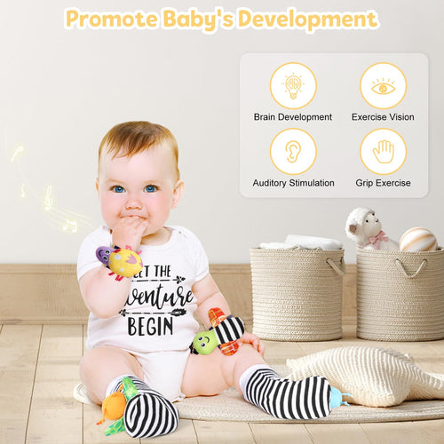 iAOVUEBY Baby Gift Set, Baby Shower Gifts, Black and White High Contrast Baby Toys 0-6 Months for Newborn Essentials Infant Rattle Socks Elephant Toys Blanket Onesies Baby Gift Basket for Girls Boys