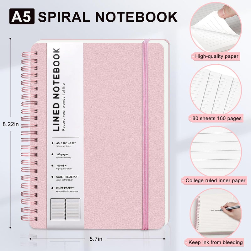 ABERLLS Lined Spiral Journal Notebook with 160 Pages, 8×5.7in, A5 Spiral Notebook, Journaling Notebooks for Work, School, Women, Men, College Ruled Spiral Notebook, Hardcover Leather Journals, Pink