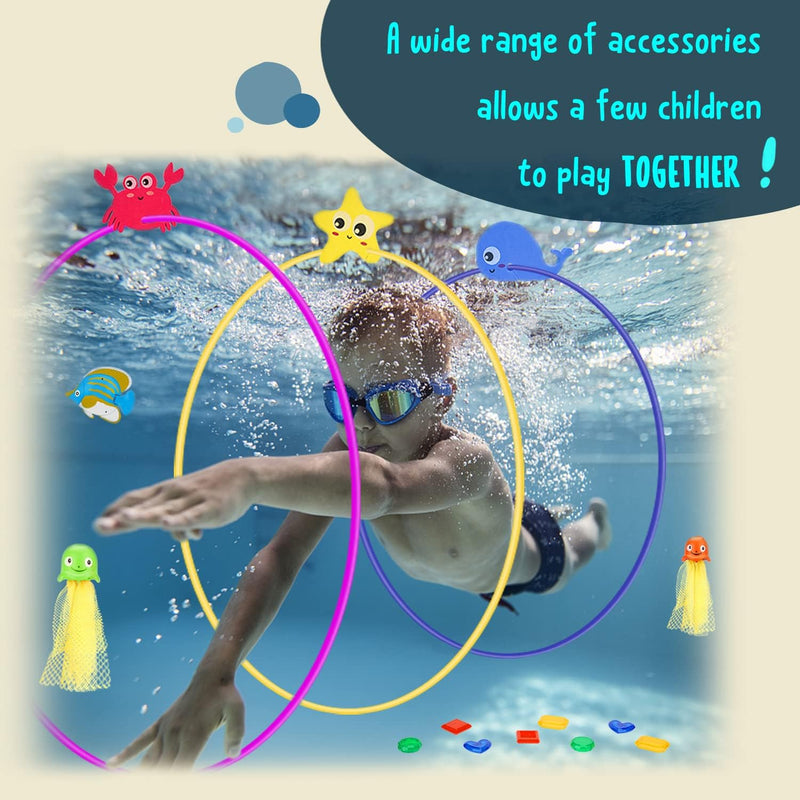 DAUXONE Diving Toys,27 Pcs Pool Toys with Diving Swim Thru Rings for Kids | Pool Games for Kids Age 3-12,31.4" Diving Rings,Dive Sticks,Diving Gem,Diving Octopus,Pool Torpedo,Pool Ball,Mesh Bag