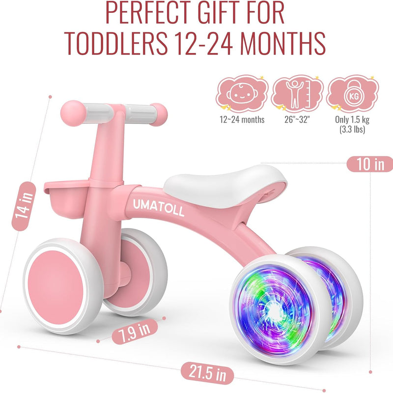 Umatoll Colorful Lighting Baby Balance Bike with Adjustable Seat for 1 Year Old Girl Gifts, First Birthday Gifts