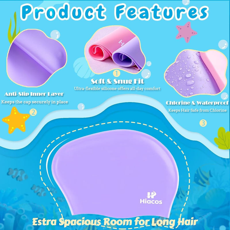 Kids Swim Cap for Girls Boys, 2 Size Silicone Swimming Cap for Long Hair, Waterproof Swim Hats for Toddlers Children Teens to Keep Hair Dry