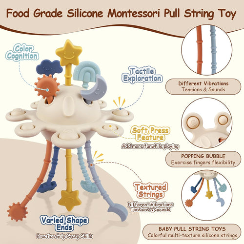TYRY.HU Silicone Baby Sensory Montessori Toys,Silicone Pull String Fidget Toys for Babies 18 Months+, Travel Toy for Plane, Car, and Stroller, Early Educational Fine Motor Skills Toy for Toddlers