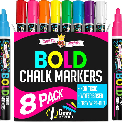 Bold Chalk Markers - Dry Erase Marker Pens - Liquid Chalk Markers for Chalkboards, Signs, Windows, Blackboard, Glass, Mirrors - Chalkboard Marker with Reversible Tip (8 Pack) - (Multicolored, 6mm)