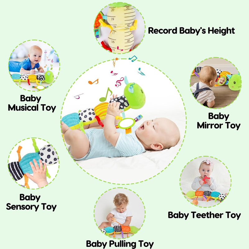 Topsochir Baby Sensory Toys 0-6 Months Music Animal Stuffed Plush Caterpillar Toy for Infant 0-3-6-12 Month Old Tummy Time with Mirror Crinkle Rattle Toys for Newborn Boys Girls Shower Birthday Gifts