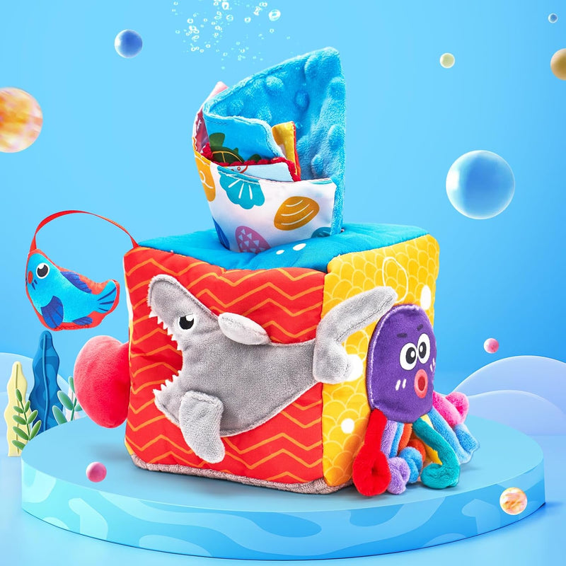 hahaland Baby Tissue Box Toy 6-12 Months Montessori Toys 6 7 8 9 Month Old | Textured Tails, Crinkle Tissues, Squeaky, Mirror, Pull & Hang Ring, Play Silks Sensoy Scarves Soft Baby Gift Busy Travel Toys