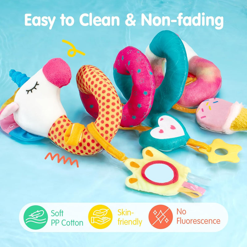 hahaland Car Seat Toys for Babies 0-6 Months Girl Stroller Toy Unicorn | Baby Toys 0-6 6-12 Months - Rattle, Mirror, Crinkle, Squeaky Carseat Toy Hanging Developmental Newborn Baby Birthday Gifts