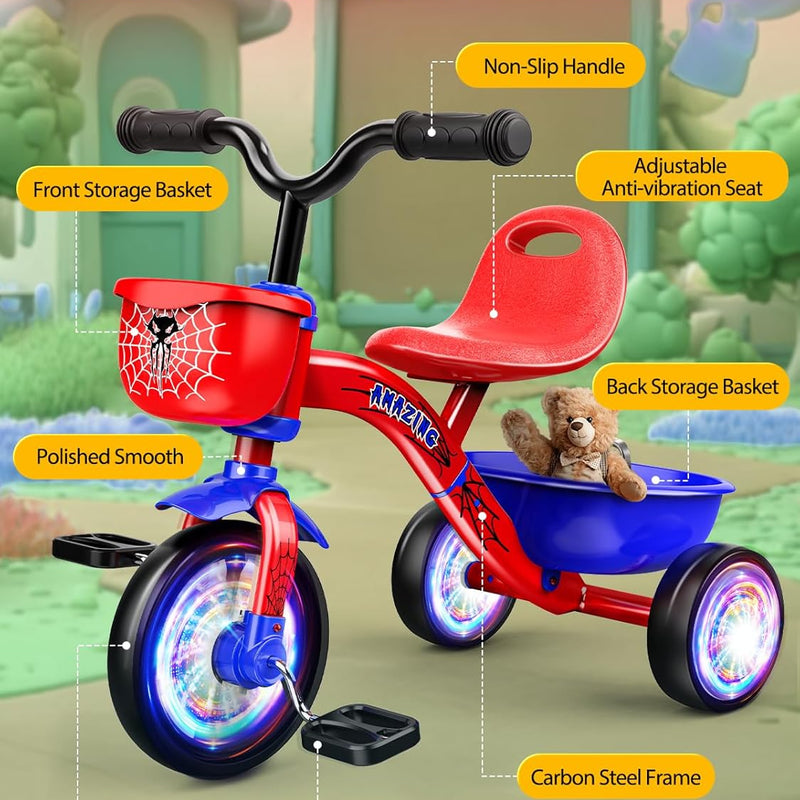 Stable Spider Toddler Tricycle for 1-5 Year Olds with Colorful Lighting, Large Basket & Thickened Noiseless Wheels