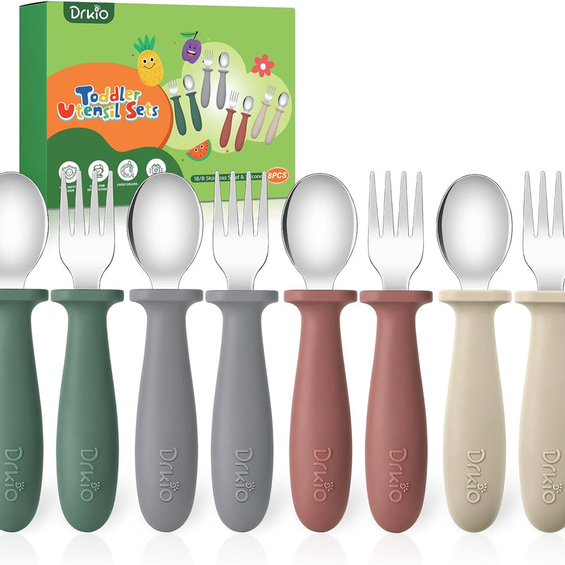 8 Pcs Toddler Utensils Set Kids Silverware with Forks and Spoons | Baby Utensils with Silicone Handle, Anti-Choke Design for Children's Safe Self-Feeding, Food Grade Dishwasher Safe, BPA-Free